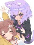  2girls :3 :d absurdres animal_ear_fluff animal_ears arms_up blush bone_hair_ornament brown_hair cat_ears cat_tail choker closed_eyes dog_ears eyebrows_visible_through_hair fang highres hololive hood hoodie inugami_korone long_hair low_twintails multiple_girls nekomata_okayu onigiri_print open_mouth purple_hair short_hair simple_background smile symbol_commentary tail twintails violet_eyes virtual_youtuber white_background zeru_(wisel_army) 