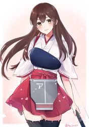  1girl absurdres akagi_(kantai_collection) archery black_legwear bow_(weapon) brown_eyes brown_hair closed_mouth female flight_deck gloves hakama hakama_skirt highres holding holding_bow_(weapon) holding_weapon japanese_clothes kantai_collection kyuudou long_hair meteor_tail28 muneate partly_fingerless_gloves red_hakama remodel_(kantai_collection) ribbon-trimmed_sleeves ribbon_trim single_glove solo standing straight_hair tasuki weapon yugake yumi_(bow) zettai_ryouiki 