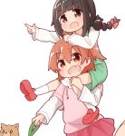  2girls :d :o black_hair blush bow braid brown_eyes brown_hair carrying commentary dog drawstring eyebrows_visible_through_hair fang hair_bow highres hood hoodie hoshino_hinata low_twintails manse matsumoto_yuuna miyako_(dog) multiple_girls open_mouth piggyback pink_bow pink_hoodie pink_skirt pointing red_eyes shoes simple_background skin_fang skirt smile socks twintails watashi_ni_tenshi_ga_maiorita! white_background white_legwear 