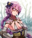  1girl :/ bow braid braided_ponytail breasts day glasses hair_bow highres long_hair looking_at_viewer niconicotin outdoors purple_hair reshia_(sennen_sensou_aigis) sennen_sensou_aigis small_breasts solo upper_body very_long_hair violet_eyes 