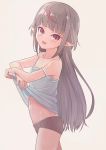  1girl absurdres bare_shoulders blush bow bow_panties camisole camisole_lift commentary eyebrows_visible_through_hair grey_hair grey_panties hair_down highres lifted_by_self long_hair looking_at_viewer makaino_ririmu multicolored_hair navel nijisanji open_mouth panties pointy_ears red_eyes redhead sabamen sidelocks simple_background smile solo strap_slip streaked_hair underwear virtual_youtuber 