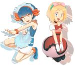  2girls :d blonde_hair blue_eyes blue_hair breasts dress gloves hairband looking_at_viewer millefeui_(pokemon) multiple_girls nyonn24 open_mouth pantyhose pokemon pokemon_(anime) pokemon_xy_(anime) serena_(pokemon) short_hair simple_background sleeveless smile white_background white_gloves 