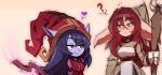  2girls ? blue_hair blue_skin confused estelle_(kanel) green_hair hat heart highres kanel league_of_legends long_hair looking_at_another lulu_(league_of_legends) multiple_girls original redhead smile staff sweat sweatdrop tagme 