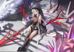  1girl absurdres bare_shoulders black_dress black_legwear boots breasts celeryma crystal detached_sleeves dress highres horns large_breasts long_hair long_sleeves looking_at_viewer original pelvic_curtain polearm red_eyes side_cutout sitting solo spear thigh-highs thighs veil very_long_hair weapon white_hair wide_sleeves wings witch 