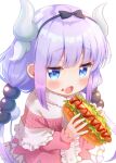  1girl beads blue_eyes blush buttons capelet center_frills dragon_girl dragon_horns eyebrows_visible_through_hair food frilled_capelet frills hair_beads hair_ornament highres holding holding_food horns hot_dog kanna_kamui kobayashi-san_chi_no_maidragon long_hair long_sleeves low_twintails mozukun43 open_mouth purple_hair simple_background solo tail twintails white_background 