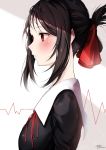  1girl black_hair blush closed_mouth folded_ponytail hair_ribbon kaguya-sama_wa_kokurasetai_~tensai-tachi_no_renai_zunousen~ profile red_eyes red_ribbon ribbon school_uniform shinomiya_kaguya short_hair signature solo twitter_username upper_body yeoohdam 