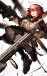  1girl 360_(pixiv47196062) arknights assault_rifle bangs black_gloves black_legwear blush commentary_request dual_wielding exusiai_(arknights) fangs fangs_out fingerless_gloves full_body gloves gun h&amp;k_hk416 hair_between_eyes halo highres holding holding_gun holding_weapon jacket looking_at_viewer open_mouth orange_eyes pantyhose redhead rifle short_hair skirt smile solo weapon white_jacket 