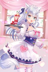  1girl :d alternate_costume animal_ear_fluff animal_ears apron bangs blue_eyes blue_skirt blush bow breasts commentary_request enmaided eyebrows_visible_through_hair frilled_apron frilled_skirt frills hair_between_eyes hair_ornament heart heart_hair_ornament holding holding_tray indoors large_breasts long_hair long_sleeves looking_at_viewer maid maid_headdress momoshiki_tsubaki official_art open_mouth parfait pink_bow pleated_skirt shirayuki_mishiro shirayuki_mishiro_channel silver_hair skirt smile solo standing tail thigh-highs tray two_side_up very_long_hair virtual_youtuber white_apron white_legwear window 