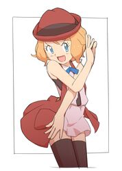  1girl black_legwear blonde_hair blue_eyes dress hat nyonn24 open_mouth pokemon pokemon_(game) pokemon_xy serena_(pokemon) short_hair skirt sleeveless smile solo thigh-highs 