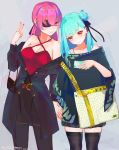  2girls akashic alternate_costume alternate_hairstyle aqua_hair aqua_nails arrow_through_heart artist_name bag bare_shoulders belt black_jacket black_legwear black_pants black_ribbon blue_shirt blush breasts casual cellphone character_name closed_mouth commentary copyright_name cowboy_shot criss-cross_halter dated english_commentary english_text eyebrows_visible_through_hair eyepatch grey_background hair_between_eyes hair_bun hair_ribbon halter_top halterneck handbag head_tilt highres holding_hands hololive houshou_marine jacket lips long_hair looking_at_another medium_breasts medium_hair mixed-language_commentary multiple_girls nail_polish off-shoulder_shirt off_shoulder pants phone ponytail red_camisole red_eyes red_nails redhead ribbon romaji_text shirt side_bun simple_background smartphone smile thigh-highs thighs uruha_rushia v virtual_youtuber wide_sleeves yuri zettai_ryouiki 