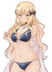  1girl absurdres bikini black_bow blonde_hair blush bow breasts elf eyebrows_visible_through_hair flower hair_bow hair_flower hair_ornament highres keinesandayoooo large_breasts long_hair pointy_ears princess_connect! princess_connect!_re:dive saren_(princess_connect!) solo swimsuit 