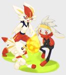 :d bunny_focus cinderace commentary_request creature fireball full_body gen_8_pokemon highres minamo_(pixiv17726065) no_humans open_mouth pokemon pokemon_(creature) rabbit raboot red_eyes scorbunny simple_background smile standing white_background 