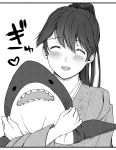  1girl absurdres blush closed_eyes facing_viewer greyscale highres houshou_(kantai_collection) ikea_shark japanese_clothes kanon kimono long_hair magai_akashi monochrome ponytail shark smile solo stuffed_animal stuffed_shark stuffed_toy upper_body 