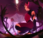  2girls adora_(she-ra) animal_ears black_gloves brown_hair cat_ears cat_tail catra gloves highres karohujiwtf looking_at_another masters_of_the_universe multiple_girls ponytail serious she-ra_and_the_princesses_of_power smile squatting sword tail toeless_legwear tree weapon whip 