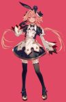  1boy astolfo_(fate) astolfo_(saber)_(fate) bangs black_bow black_footwear black_gloves black_legwear black_ribbon bow bowtie chocoan closed_mouth fate/grand_order fate_(series) full_body gloves hair_bow hair_intakes hair_ribbon highres long_hair long_sleeves looking_at_viewer low_twintails male_focus multicolored_hair otoko_no_ko pink_background pink_hair ribbon smile solo streaked_hair twintails violet_eyes 