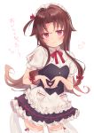 1girl alternate_costume apron blush bow brown_hair commentary_request cowboy_shot enmaided gyozanuko hair_bow heart heart_hands highres long_hair looking_at_viewer maid maid_headdress neck_ribbon one_side_up red_eyes red_ribbon ribbon ryuuou_no_oshigoto! sketch smile solo thigh-highs translation_request white_background white_legwear yashajin_ai 
