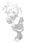  1boy anger_vein angry arm_warmers bass_clef belt chibi commentary fang full_body hand_on_hip kagamine_len leg_warmers male_focus monochrome necktie open_mouth pointing sailor_collar school_uniform short_ponytail short_sleeves shorts sketch solo spiky_hair sudachi_(calendar) sweat translated v-shaped_eyebrows vocaloid 