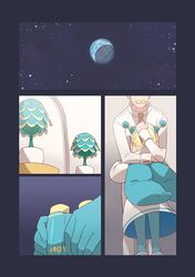  1boy 1girl binoculars blonde_hair blue_legwear doorway facial_hair highres hug mustache narumi_arata original planet plant potted_plant shirt space spacesuit textless white_shirt yellow_neckwear 