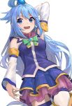  1girl aqua_(konosuba) arm_behind_head arm_up bangs bare_shoulders blue_eyes blue_hair blue_shirt blue_skirt bow breasts commentary_request detached_sleeves dutch_angle eyebrows_behind_hair green_bow hair_ornament highres kono_subarashii_sekai_ni_shukufuku_wo! long_hair long_sleeves pleated_skirt shirt simple_background skirt sleeves_past_wrists small_breasts solo suketoudara_(artist) thigh-highs v-shaped_eyebrows very_long_hair white_background white_legwear white_sleeves wide_sleeves 