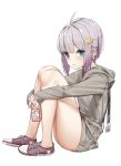  1girl absurdres ahoge air_pods bangs bare_legs blue_eyes blush bottomless crown_hair_ornament eyebrows_visible_through_hair flower from_side full_body grey_hoodie hair_ornament heterochromia highres holding lavender_hair leg_hug looking_at_viewer original pink_nails purple_flower shoes short_hair simple_background sitting sleeves_past_wrists sneakers solo violet_eyes wet.elephant white_background 