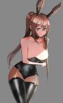  1girl 360_(pixiv47196062) amiya_(arknights) animal_ears arknights bangs black_legwear black_leotard blue_eyes breasts brown_hair closed_mouth commentary_request cowboy_shot expressionless full_body hair_between_eyes highres holding holding_hair large_breasts leotard long_hair ponytail rabbit_ears solo thigh-highs 