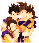  1girl 3boys :d ;d ^_^ bangs black_hair bracelet brothers carrying cheek-to-cheek chi-chi_(dragon_ball) china_dress chinese_clothes closed_eyes closed_mouth commentary_request couple d89im dougi dragon_ball dragon_ball_z dress eyelashes family father_and_son fingernails group_hug hair_bun hand_on_another&#039;s_hand hand_on_another&#039;s_shoulder hetero highres hug husband_and_wife jewelry light_particles looking_at_another messy_hair mother_and_son multiple_boys neckerchief number one_eye_closed open_mouth pectorals purple_neckwear siblings simple_background sleeveless sleeveless_dress smile son_gohan son_gokuu son_goten spiky_hair teeth upper_body upper_teeth white_background wristband 