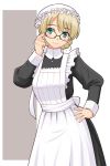  adjusting_eyewear alternate_costume apron bangs bespectacled black_dress blonde_hair blue_eyes blush braid closed_mouth darjeeling_(girls_und_panzer) dress enmaided eyebrows_visible_through_hair frilled_apron frills girls_und_panzer glasses hand_on_hip hat highres long_sleeves looking_at_viewer maid maid_apron maid_dress mob_cap smile swept_bangs uona_telepin white_apron 