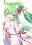  1girl :d animal_ear_fluff animal_ears azur_lane bangs bare_shoulders bell closed_fan commentary_request eyebrows_visible_through_hair fan fang flower folding_fan garter_straps green_eyes green_hair hair_between_eyes hair_flower hair_ornament highres isokaze_(azur_lane) japanese_clothes jingle_bell kimono kokone_(coconeeeco) long_hair long_sleeves looking_at_viewer obi off_shoulder open_mouth ponytail purple_flower red_flower sash simple_background sleeveless sleeveless_kimono sleeves_past_wrists smile solo thick_eyebrows thigh-highs very_long_hair white_background white_kimono white_legwear wide_sleeves 
