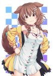  1girl :3 animal_ears blush bone_hair_ornament bracelet brown_eyes brown_hair choker collarbone commentary_request cowboy_shot dog_ears dog_tail ekakuishikororo eyebrows_visible_through_hair hands_on_hips highres hololive inugami_korone jewelry long_hair looking_at_viewer low_twin_braids solo tail white_background 