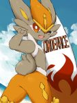  ;d alternate_color brown_eyes bunny_focus character_name cinderace commentary_request creature gen_8_pokemon highres minamo_(pixiv17726065) no_humans one_eye_closed open_mouth pokemon pokemon_(creature) rabbit shiny_pokemon smile solo surfboard 