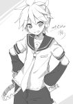  1boy arm_warmers bass_clef black_shorts commentary contrapposto cowboy_shot dated grin hands_on_hips kagamine_len looking_at_viewer male_focus necktie sailor_collar school_uniform shirt short_ponytail short_sleeves shorts signature smile solo spiky_hair sudachi_(calendar) vocaloid white_shirt 