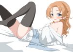  1girl ass black_legwear blue_eyes blush bow braid collarbone eyebrows_visible_through_hair girls_und_panzer hair_bow hair_ornament looking_at_viewer looking_to_the_side lying on_back open_mouth orange_hair orange_pekoe_(girls_und_panzer) rebirth42000 shiny shiny_hair shirt simple_background smile solo thigh-highs white_background white_shirt 
