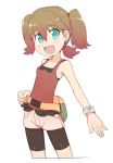  1girl alternate_hairstyle bike_shorts blue_eyes breasts brown_hair haruka_(pokemon) jewelry long_hair looking_at_viewer nyonn24 open_mouth pokemon pokemon_(game) pokemon_oras ribbon short_twintails shorts simple_background sleeveless smile solo twintails white_background 