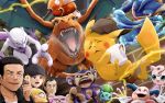  1girl 2boys :d aipom ayo_(ayosanri009) baseball_cap black_eyes black_headwear blonde_hair charizard commentary_request cup detective_pikachu detective_pikachu_(character) detective_pikachu_(movie) dragon fangs fish flying furrowed_eyebrows gen_1_pokemon gen_2_pokemon gen_6_pokemon greninja hat hideo_yoshida holding holding_cup legendary_pokemon lucy_stevens magikarp mewtwo mug multiple_boys open_mouth pikachu pokemon sharp_teeth smile teeth water 