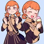  1girl annette_fantine_dominic blue_background blue_eyes closed_eyes closed_mouth do_m_kaeru fire_emblem fire_emblem:_three_houses from_side garreg_mach_monastery_uniform holding ice_cream_cone long_sleeves looking_to_the_side multiple_views open_mouth orange_hair simple_background smile twintails uniform 