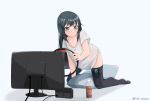  1girl absurdres alternate_costume asashio_(kantai_collection) black_hair black_legwear blue_eyes bottle highres kantai_collection long_hair looking_to_the_side nintendo nintendo_switch ring-con ring_fit_adventure shirt simple_background solo t-shirt television thigh-highs twitter_username uut white_background white_shirt 