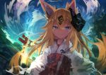  1girl absurdres animal_ears bangs black_mask blonde_hair blue_eyes clouds cloudy_sky commentary_request fox_ears fox_tail hair_between_eyes hakama highres japanese_clothes kaamin_(mariarose753) long_hair looking_at_viewer mask mask_on_head miko original red_hakama sky smile tail torii tree v-shaped_eyebrows 