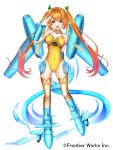  1girl aircraft airplane blue_footwear breasts company_name covered_navel full_body gakuon_(gakuto) gloves hand_up long_hair medium_breasts official_art orange_hair sanzenkai_no_avatar solo standing thigh-highs twintails white_background white_gloves 