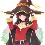  1girl bana_(stand_flower) bangs belt belt_collar black_hair blush breasts brown_hair cape collar dress fingerless_gloves gloves hand_on_headwear hat highres kono_subarashii_sekai_ni_shukufuku_wo! long_hair looking_at_viewer megumin open_mouth red_dress red_eyes short_dress short_hair_with_long_locks small_breasts solo upper_body witch_hat 