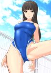  1girl absurdres ass_visible_through_thighs black_hair blue_swimsuit blush breasts brown_eyes closed_mouth clouds cloudy_sky collarbone competition_swimsuit covered_navel eyebrows_visible_through_hair feet_out_of_frame fence girls_und_panzer groin highres leg_up long_hair looking_at_viewer looking_down medium_breasts nishizumi_shiho one-piece_swimsuit parted_lips shiny shiny_clothes shiny_hair shiny_skin sky solo spread_legs swimsuit swimwear takafumi teenage younger 