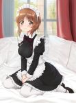  1girl absurdres alternate_costume bed blush bow bowtie breasts brown_eyes brown_hair closed_mouth enmaided eyebrows_visible_through_hair girls_und_panzer highres indoors large_breasts looking_at_viewer maid maid_headdress mamu_t7s mary_janes nishizumi_miho on_bed pantyhose shiny shiny_hair shoes short_hair sitting smile solo white_legwear window 