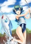  1girl beach blouse blue_eyes blue_hair blue_sky blue_swimsuit clouds collar day eyebrows_visible_through_hair fishing fishing_line fishing_rod freckles gen_7_pokemon highres holding holding_fishing_rod kogawawaki ocean pokemon pokemon_(anime) pokemon_(game) pokemon_sm pokemon_sm_(anime) sailor_collar school_swimsuit short_hair sky sleeveless suiren_(pokemon) swimsuit swimsuit_under_clothes water white_blouse wishiwashi 