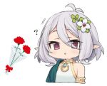  1girl ? antenna_hair bouquet carnation cropped_torso elf flower grey_hair hair_flower hair_ornament kokkoro_(princess_connect!) moru_(monaka) mother&#039;s_day parted_lips pointy_ears princess_connect! princess_connect!_re:dive red_carnation red_flower short_hair simple_background solo upper_body violet_eyes white_background 