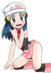  1girl ass beanie blue_eyes blue_hair boots groin hainchu hair_ornament hat highres hikari_(pokemon) long_hair looking_at_viewer open_mouth pink_footwear pokemon pokemon_(anime) pokemon_dppt_(anime) simple_background skirt smile solo white_background 