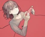  1249abcde 1girl blanket brown_hair fingernails hair_between_eyes holding lying medium_hair nintendo_switch on_back original parted_lips pillow pink_eyes red_background simple_background solo 