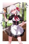  1girl alternate_costume apron bebe_pp black_dress blurry blurry_background breasts commentary_request dress enmaided fate/grand_order fate_(series) frills frown hair_ornament hair_ribbon highres holding_palte kama_(fate/grand_order) looking_at_viewer maid maid_apron maid_day maid_dress maid_headdress medium_breasts puffy_short_sleeves puffy_sleeves red_eyes red_ribbon ribbon short_hair short_sleeves signature teeth translation_request 