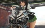  1girl bangs black_hair brown_eyes green_skirt ground_vehicle looking_at_viewer motor_vehicle motorcycle necktie nihoshi_(bipedal_s) original pleated_skirt shirt short_hair skirt smile solo sweater_vest white_shirt 