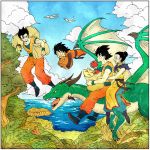  1girl 3boys :d animal apple arms_around_waist bangs bare_arms bare_shoulders bird black_eyes black_hair blue_footwear blue_sky boots border bracelet bread brothers bush carrying carrying_over_shoulder carrying_under_arm chewing chi-chi_(dragon_ball) china_dress chinese_clothes clouds cloudy_sky couple day dot_nose dougi dragon dragon_ball dragon_ball_z dragon_riding dress earrings eating family father_and_son flying food forest fruit full_body grass hair_bun happy hetero highres jewelry leaf long_sleeves looking_afar looking_at_another looking_back messy_hair mother_and_son multiple_boys nature neckerchief ocean open_mouth outdoors profile purple_neckwear riding sharp_teeth siblings side_slit sitting sky sleeveless sleeveless_dress smile son_gohan son_gokuu son_goten teeth toritoki_(trig_tkdb) tree upper_teeth water white_border wristband yellow_dress 