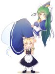  +++ ... 2girls apron bangs black_skirt black_vest blonde_hair blue_capelet blue_dress blush braid capelet crossed_arms dress eyebrows_visible_through_hair ghost_tail green_eyes green_hair hair_between_eyes hair_ribbon hat hat_ribbon headwear_removed highres kirisame_marisa kuma_xylocopa lifting_person long_hair long_sleeves looking_at_viewer mary_janes mima_(touhou) multiple_girls neck_ribbon open_mouth ribbon shirt shoes skirt sweatdrop touhou touhou_(pc-98) vest white_background white_shirt witch_hat yellow_eyes 