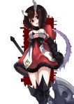  +_+ 1girl absurdres axe breasts broken_horn brown_hair capelet fur-trimmed_capelet fur-trimmed_skirt fur_trim gloves highres horns kagari3 kuraishi_eriko large_breasts princess_connect! princess_connect!_re:dive red_capelet short_hair skirt solo spiked_tail tail thigh-highs violet_eyes weapon 